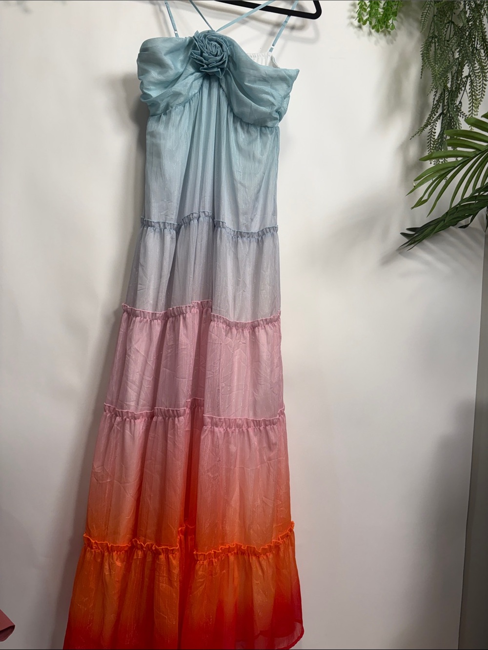 Main Strip Ombre Tiered Maxi Dress in Blue, Pink & Orange